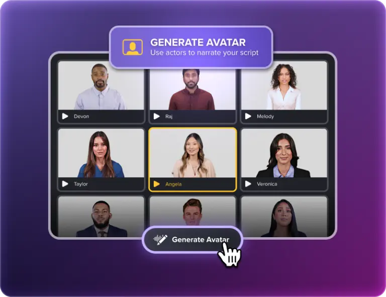 Camtasia Audiate showing selectable AI avatar presenter generations including “Angela,” demonstrating how users can add an on-screen virtual presenter to their video.