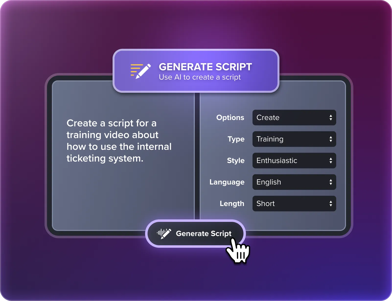 Camtasia Audiate interface showing a text editor with highlighted script options for generating a video script using AI.