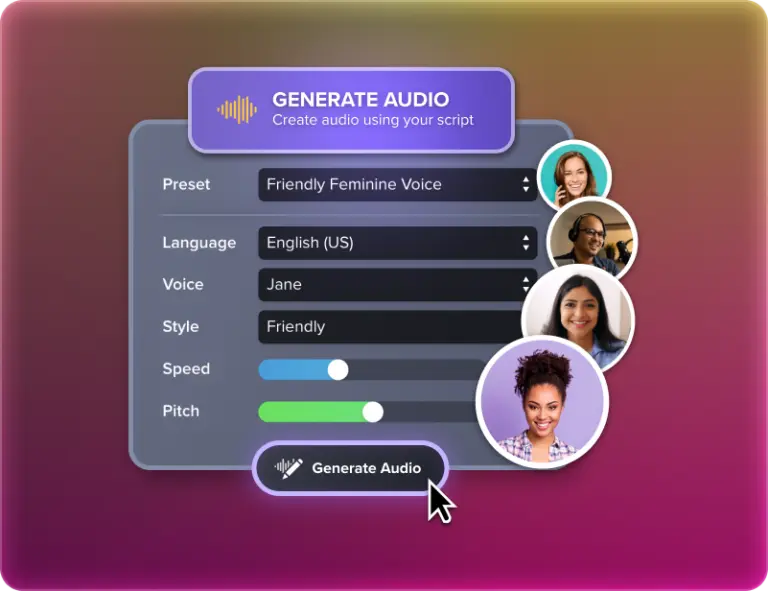 Camtasia Audiate interface showing the “Generate Audio” feature with settings for voice, style, speed, and pitch, alongside circular profile images of diverse presenters, illustrating AI-generated voiceovers.