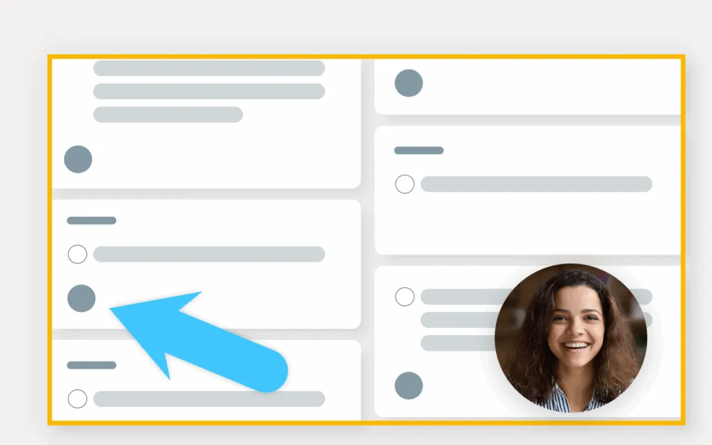 User interface showing a dashboard with several cards containing lines and circles. A blue arrow points to one of the cards. Background has a yellow border.