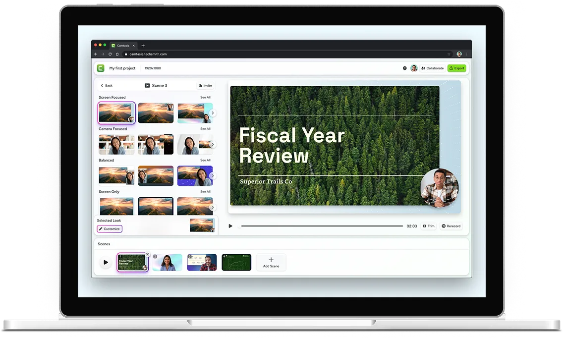 Laptop showing someone recording a Fiscal Year Review slideshow video with Camtasia online.