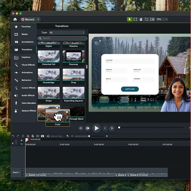 Camtasia editor interface showing the Transitions panel, a timeline, and a preview of a booking form over a cabin scene with a woman's face.