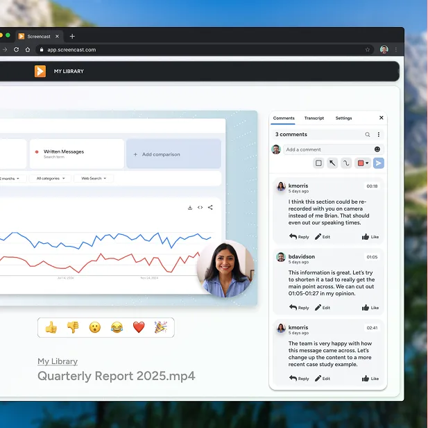 Web interface for "Screencast" displaying a data graph and a video's comments section with user feedback.