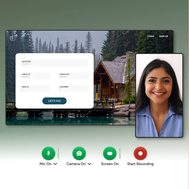 Recording preview showing an overlaid booking form on a scenic background with a woman's face, and mic/camera controls at the bottom.