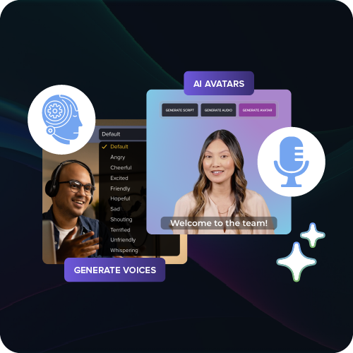 Digital interface for creating AI avatars and voices, showing a female avatar and a menu of emotional voice presets