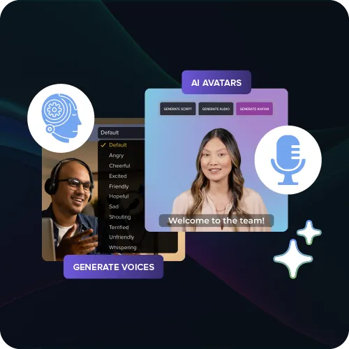 Digital interface for creating AI avatars and voices, showing a female avatar and a menu of emotional voice presets