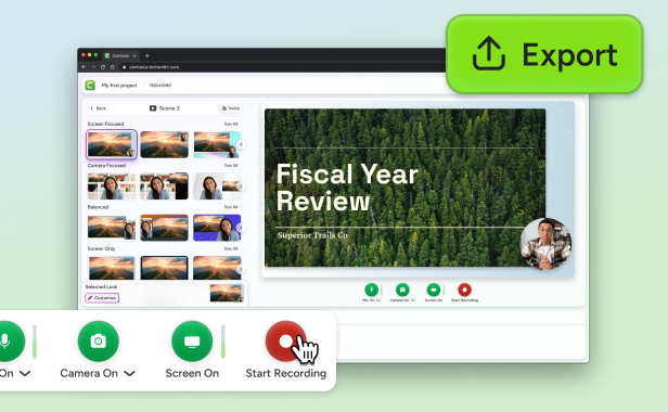Camtasia online interface opened in a browser with the Start recording button and export button large to show off it's capabilities.