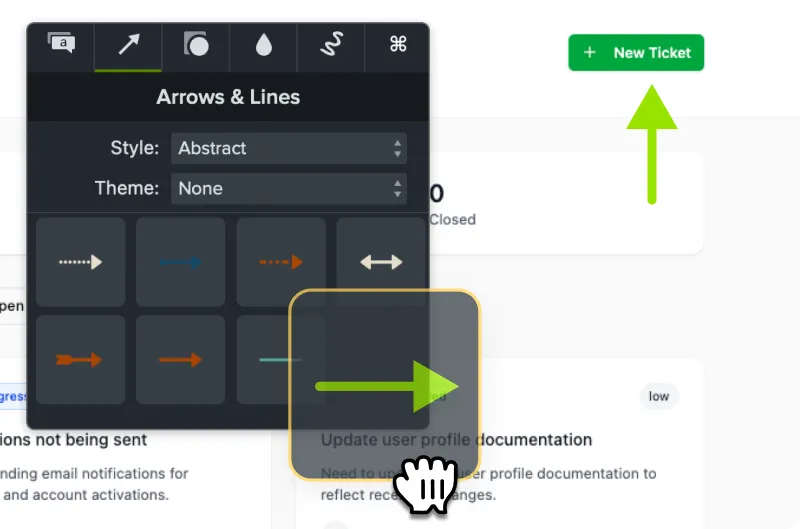 The camtasia timeline is shown with several pieces of media and effects on them, a cursor is dragging the kinetic cursor effect onto a recording track
