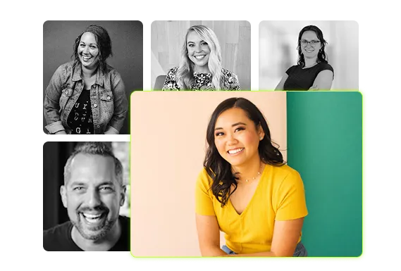 a photo of Lisa Childs smiling at the camera with other images around her of other camtasia users