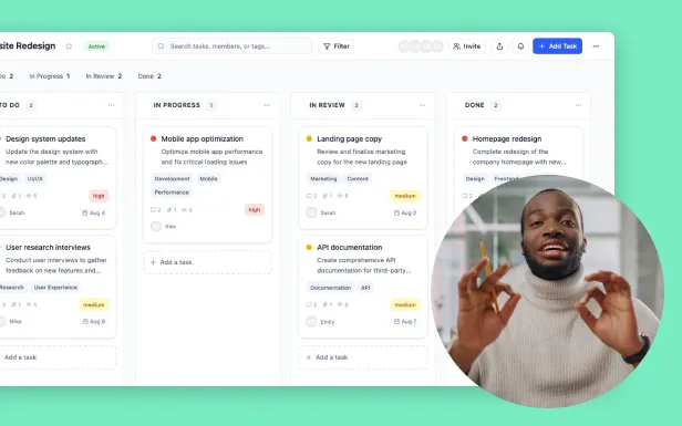 Project management dashboard with task columns and a person in a circle inset speaking.