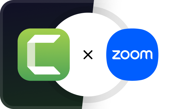 Camtasia and Zoom logos displayed side by side with an “X” between them, representing the integration that allows Zoom meeting recordings to be imported and edited in Camtasia Editor.
