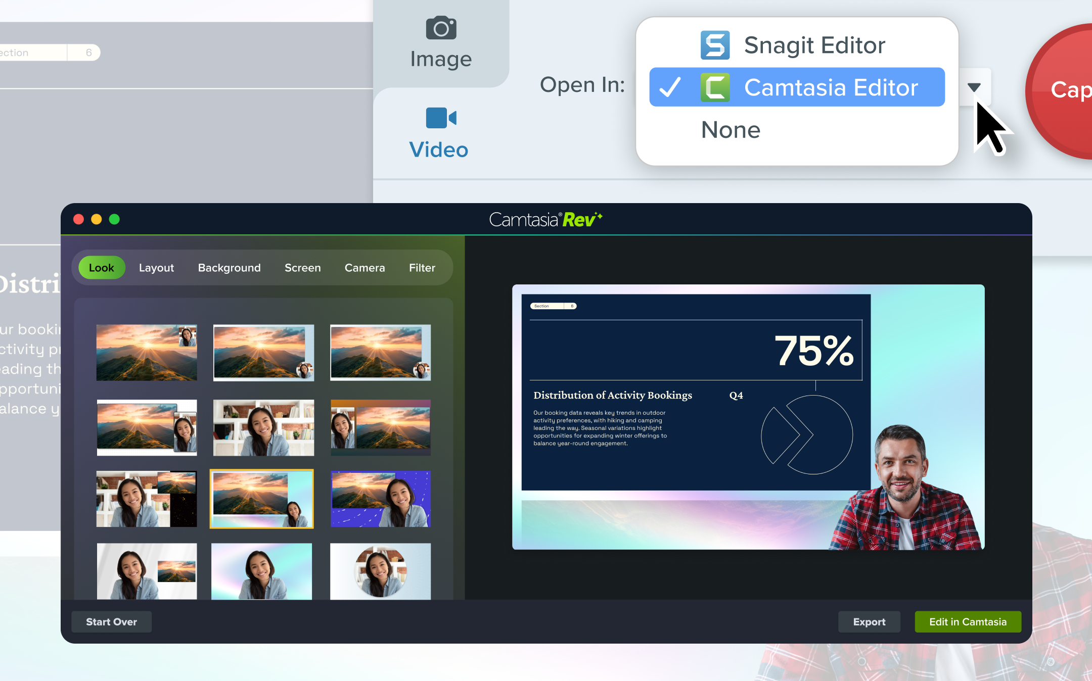 A cursor selecting "Camtasia Editor" from the "Open In" menu. An image of a video in the Camtasia Rev editting interface is also shown.