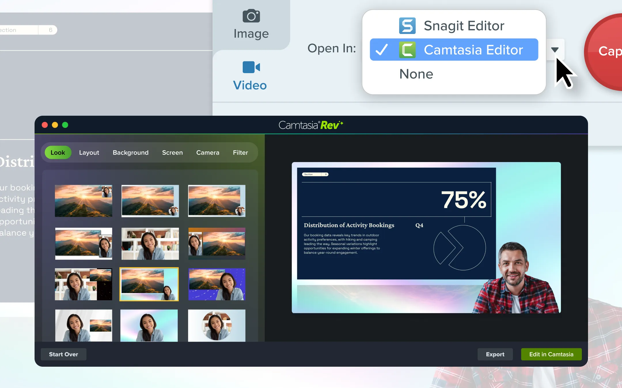 A cursor selecting "Camtasia Editor" from the "Open In" menu. An image of a video in the Camtasia Rev editting interface is also shown.