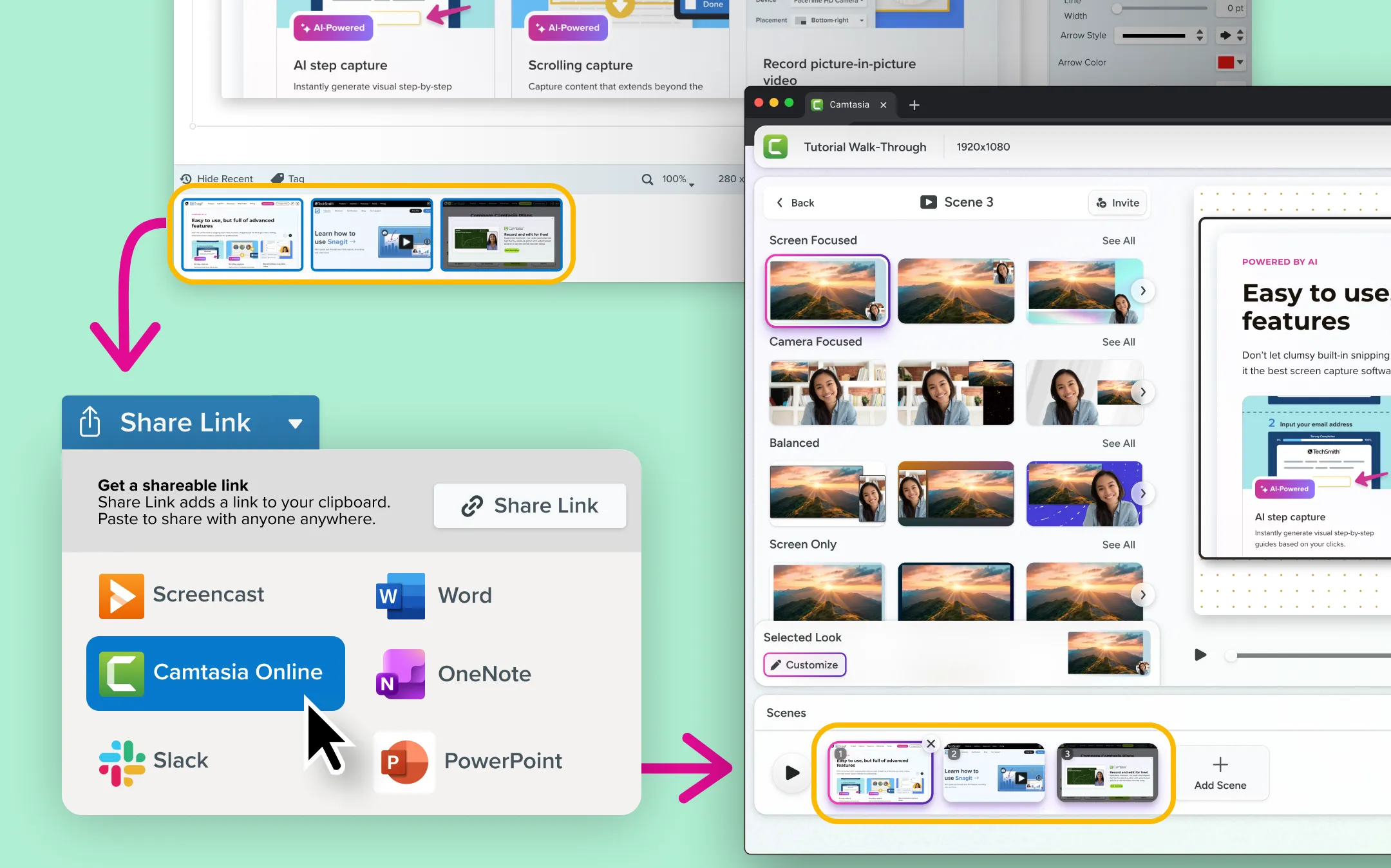 An series of images are selected in the Snagit tray. The share drop down indicates Camtasia Online is selected. Next to it is the same images open in the Camtasia Online timeline. 