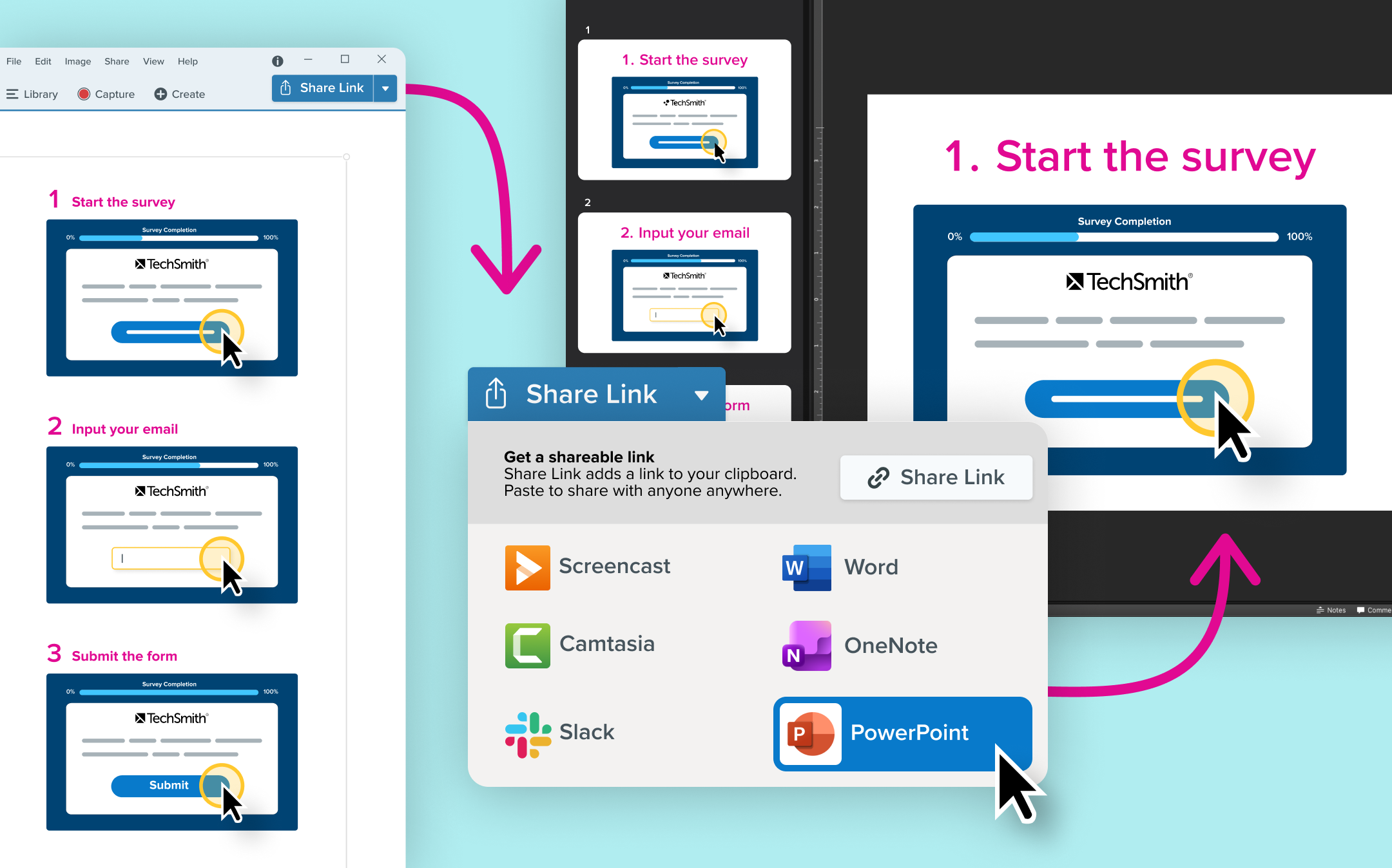 An Step Capture is open in the Snagit editor. The share drop down indicates Power Point is selected. Next to it is an image of the steps open as slides in a PowerPoint slideshow. 