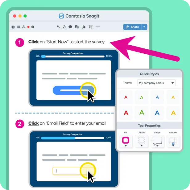Snagit Step Capture displaying two recorded steps from a webpage, with each cursor click highlighted and numbered, instructional text labeling each action, and the Snagit editor open with arrow annotation tools and style options visible alongside the captured steps.