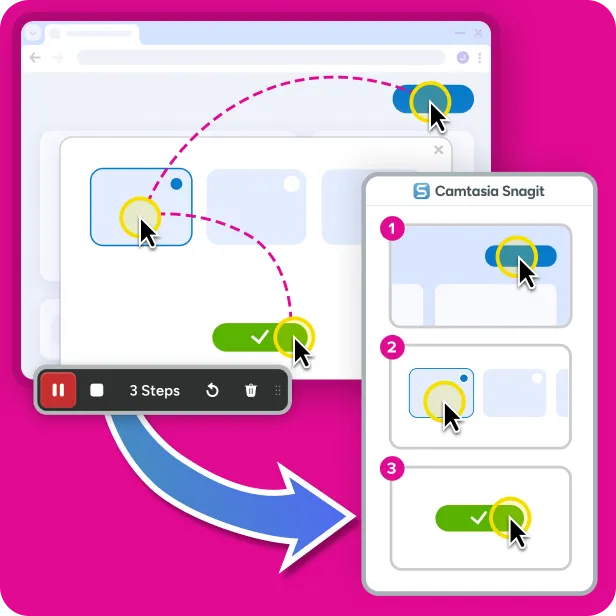 Snagit Step Capture recording a webpage workflow, showing the cursor clicking through multiple actions with each click highlighted, automatically grouped into a numbered steps, with arrows illustrating how captured interactions are converted into a structured, sequential step-by-step guide.