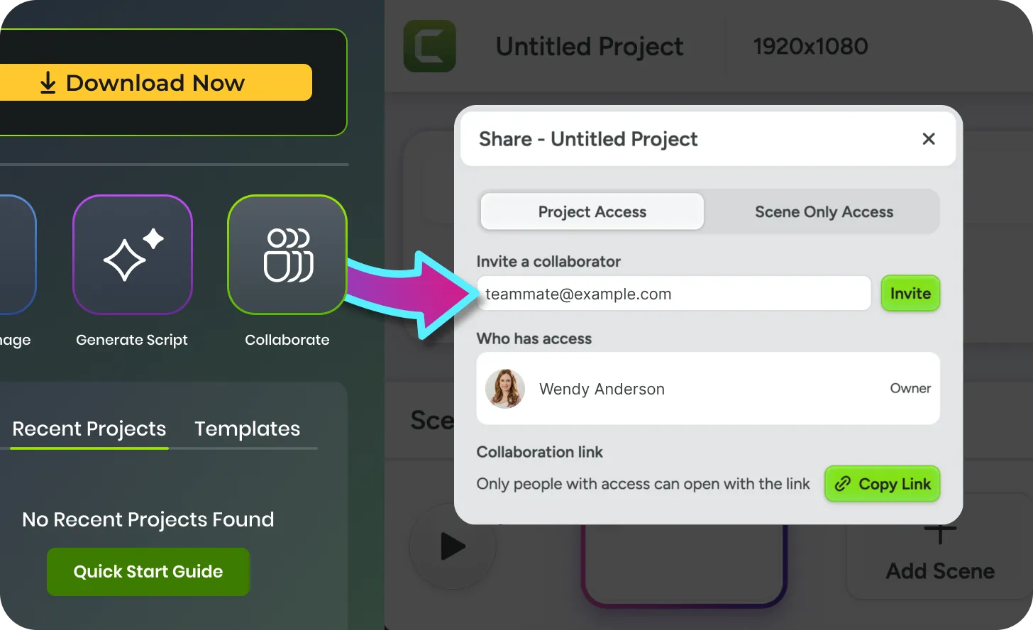Collaborate button in Camtasia Editor Home opening up a project in Camtasia Online
