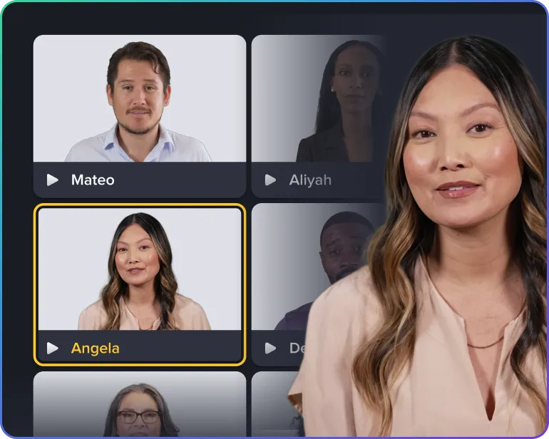 Camtasia Audiate showing selectable AI avatar presenters including “Angela,” demonstrating how users can add an on-screen virtual presenter to their video.