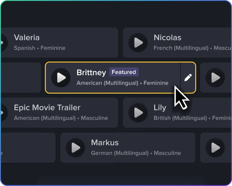 Camtasia Audiate graphic displaying multiple AI voice options such as “Brittney Friendly” with a cursor selecting a voice to generate a clear narration.