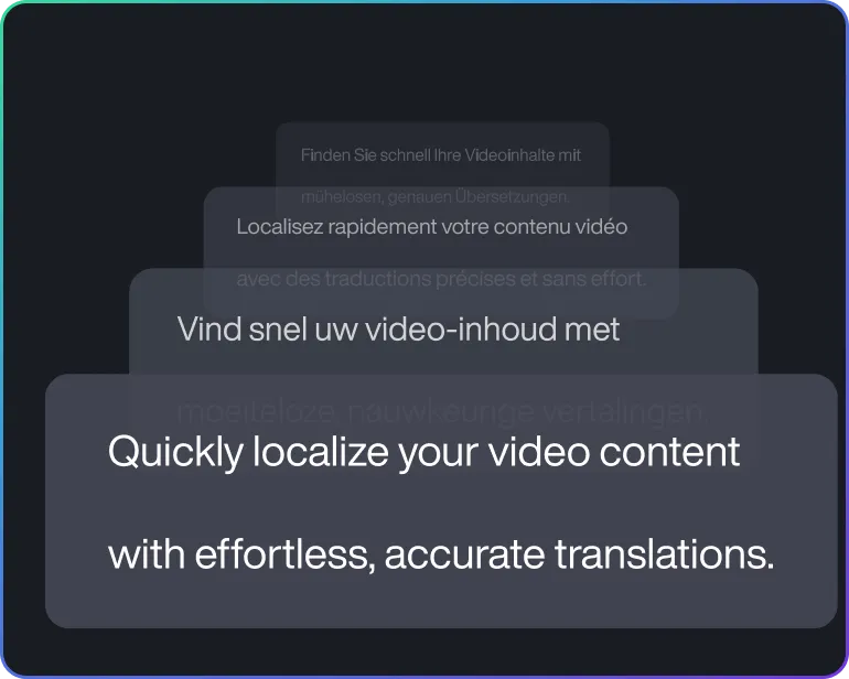 Camtasia Audiate translation graphic displaying a localized video caption reading “Quickly localize your video content with effortless, accurate translations,” illustrating AI-powered translation.