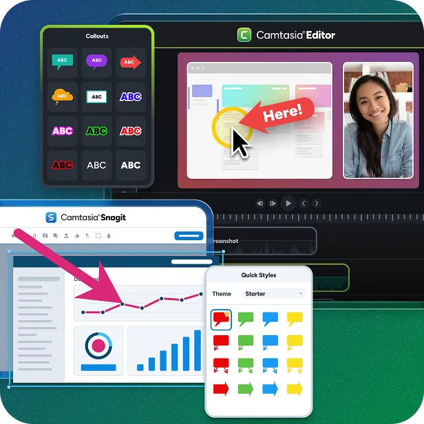Camtasia Editor and Camtasia Snagit annotation tools, with callouts and arrows applied to a video and a screenshot to explain complex steps.