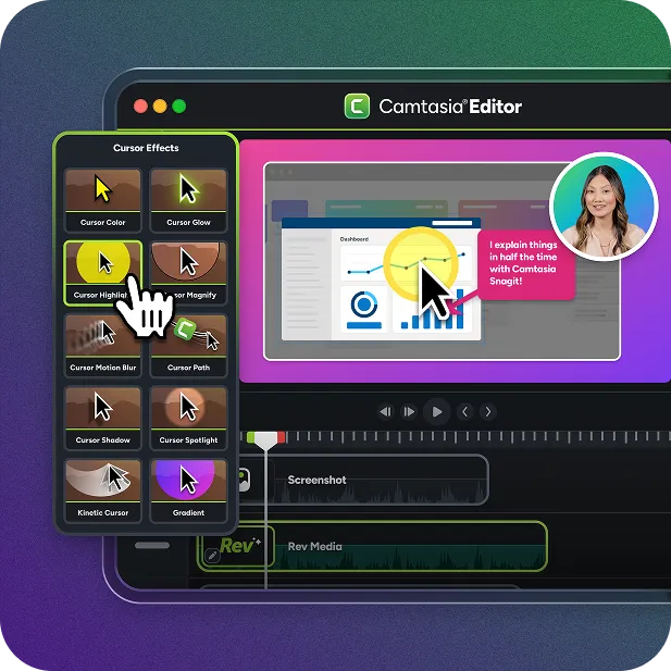 Camtasia Editor's Cursor Effects library, offering effects like highlight, magnify, and spotlight applied to a training video.