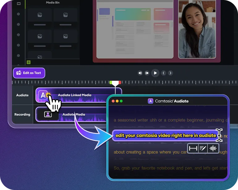 Editing a video in the Camtasia Editor using Camtasia Audiate's text-based editing, where word changes sync directly to the video on the timeline.