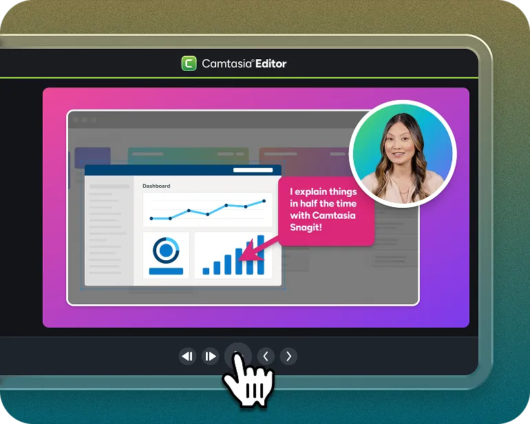 A global-ready training video in the Camtasia Editor, featuring Camtasia Snagit-simplified visuals and an AI avatar presenter from Camtasia Audiate. All tools synced seamlessly.