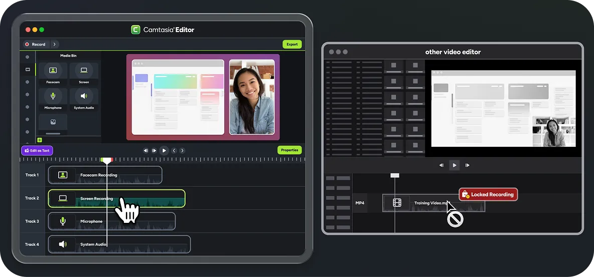 Camtasia Editor breaks one recording into four editable tracks: facecam, screen, microphone, and system audio - while an 