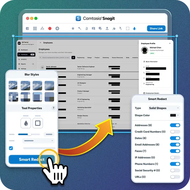 Camtasia Snagit's Smart Redact automatically detecting sensitive data like addresses, faces, phone numbers - in a screenshot for quick redaction.
