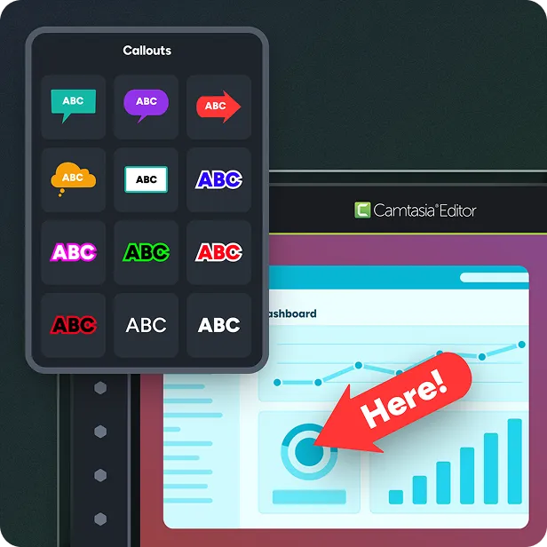 Camtasia Editor and Camtasia Snagit annotation tools, with callouts and arrows applied to a video and a screenshot to explain complex steps.
