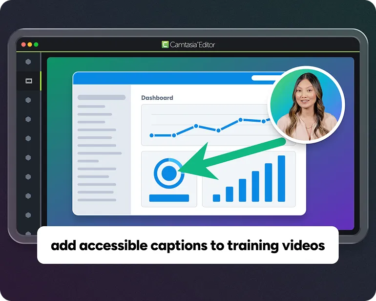 A captioned training video in the Camtasia Editor, with dynamic captions "Add accessible closed captions to training videos" auto-generated.