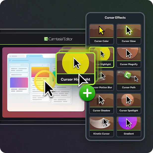 Camtasia Editor's Cursor Effects library, offering effects like highlight, magnify, and a cursor dragging the spotlight effect on to a training video.