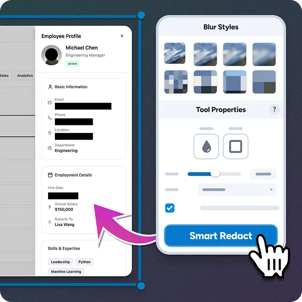 Camtasia Snagit's Smart Redact automatically detecting sensitive data like addresses, faces, phone numbers - in a screenshot for quick redaction.