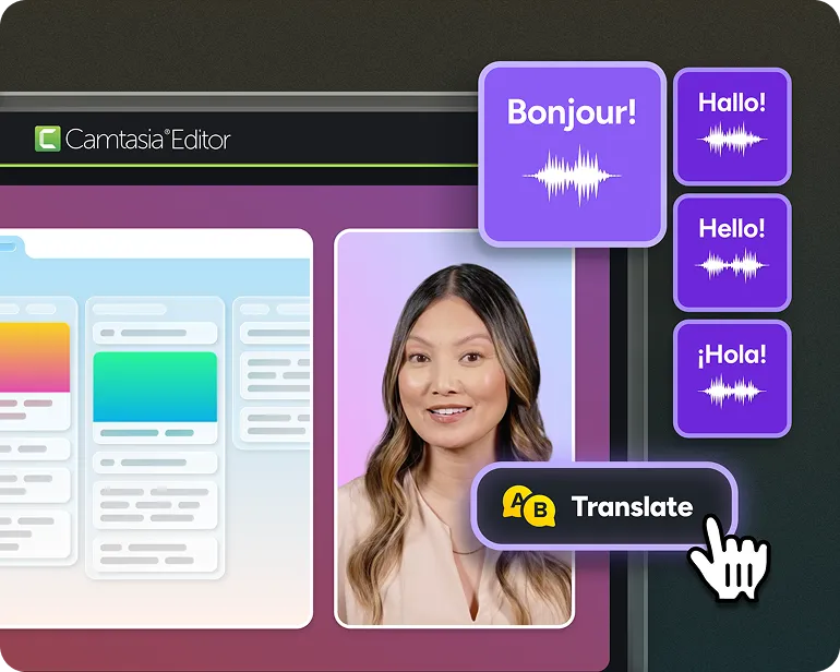 A global-ready training video in the Camtasia Editor, visuals and an AI avatar presenter from Camtasia Audiate. All tools synced seamlessly.