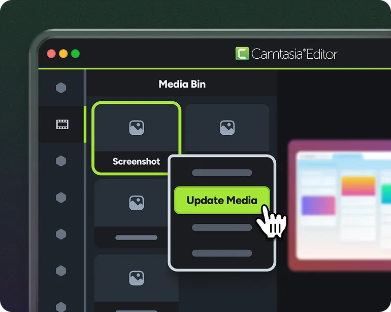 Camtasia Editor with a right-click drop-down menu with the cursor pointing to "Update Media"