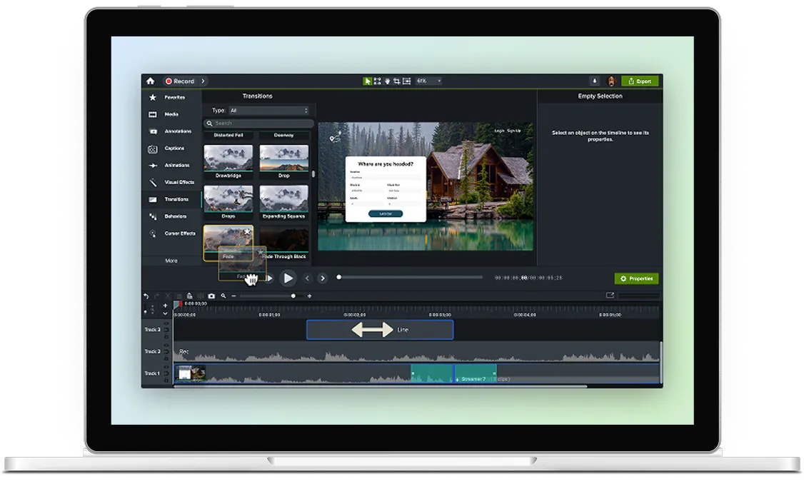 An image of a laptop with Camtasia open to the editor with several pieces of media on the timeline being edited.