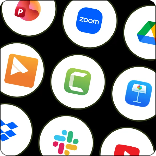 A collection of logos for tools Camtasia can integrate with including PowerPoint, Zoom, Google Drive, Screencast, Keynote, Dropbox, Slack, and Youtube as examples.