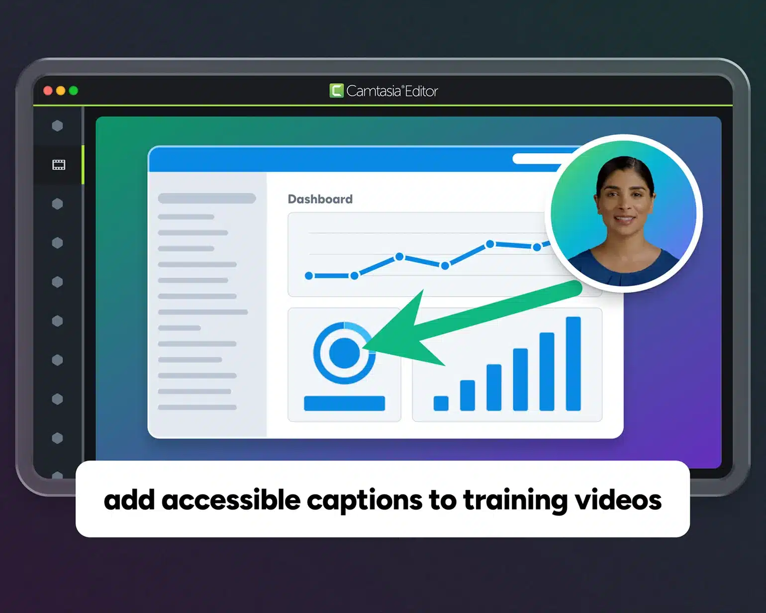 A captioned training video in the Camtasia Editor, with dynamic captions "Add accessible closed captions to training videos" auto-generated.