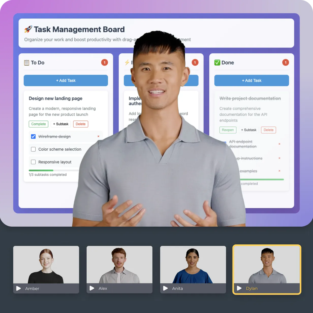 AI generated avatar in front of a task management board explaining how to do a task via video.