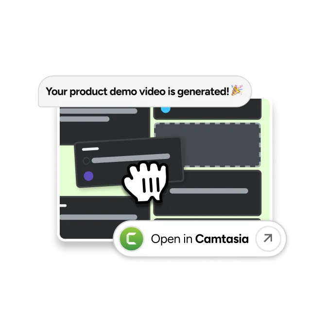 A static demonstration of Camtasia generating a video from an image. There is a chat reply stating "Your product demo video is generated!" and a "Open in Camtasia" button on the bottom right.