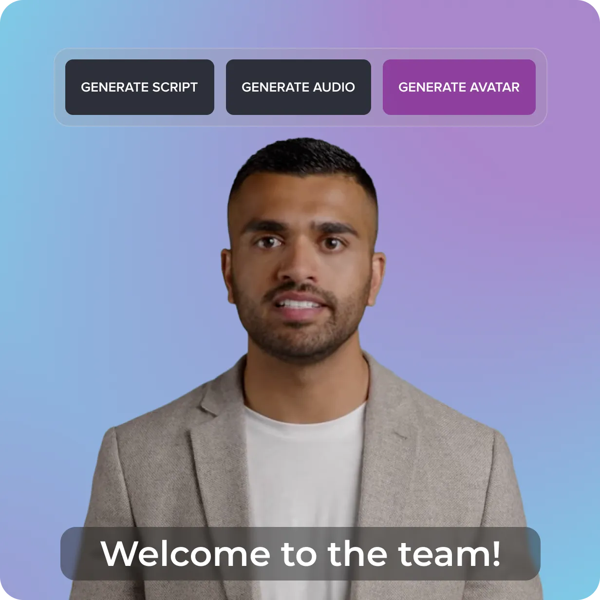 AI avatar with three button options above including "generate script", "generate audio", and "generate avatar". Generate Avatar is selected.