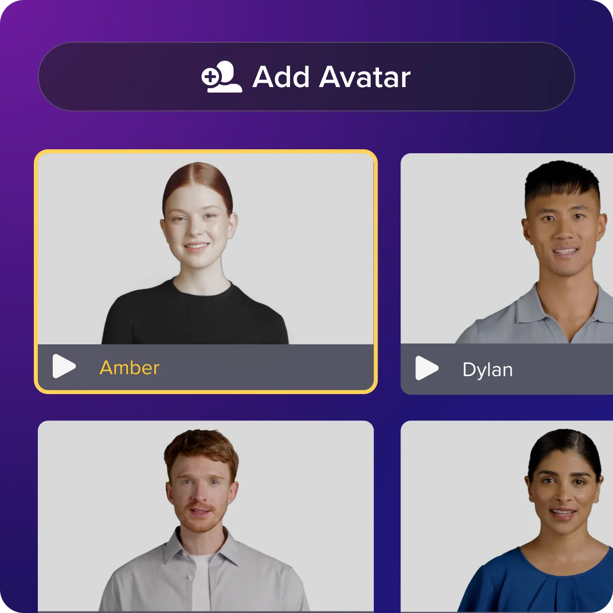 Multiple AI avatar options are displayed with "Amber" selected. An "add avatar" button is at the top of the image.