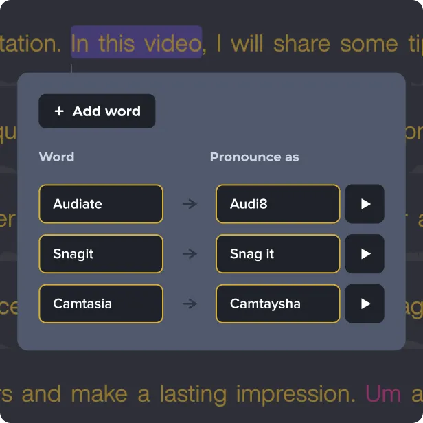 The Audiate pronunciation dictionary showin words being added and their correct pronunciation.