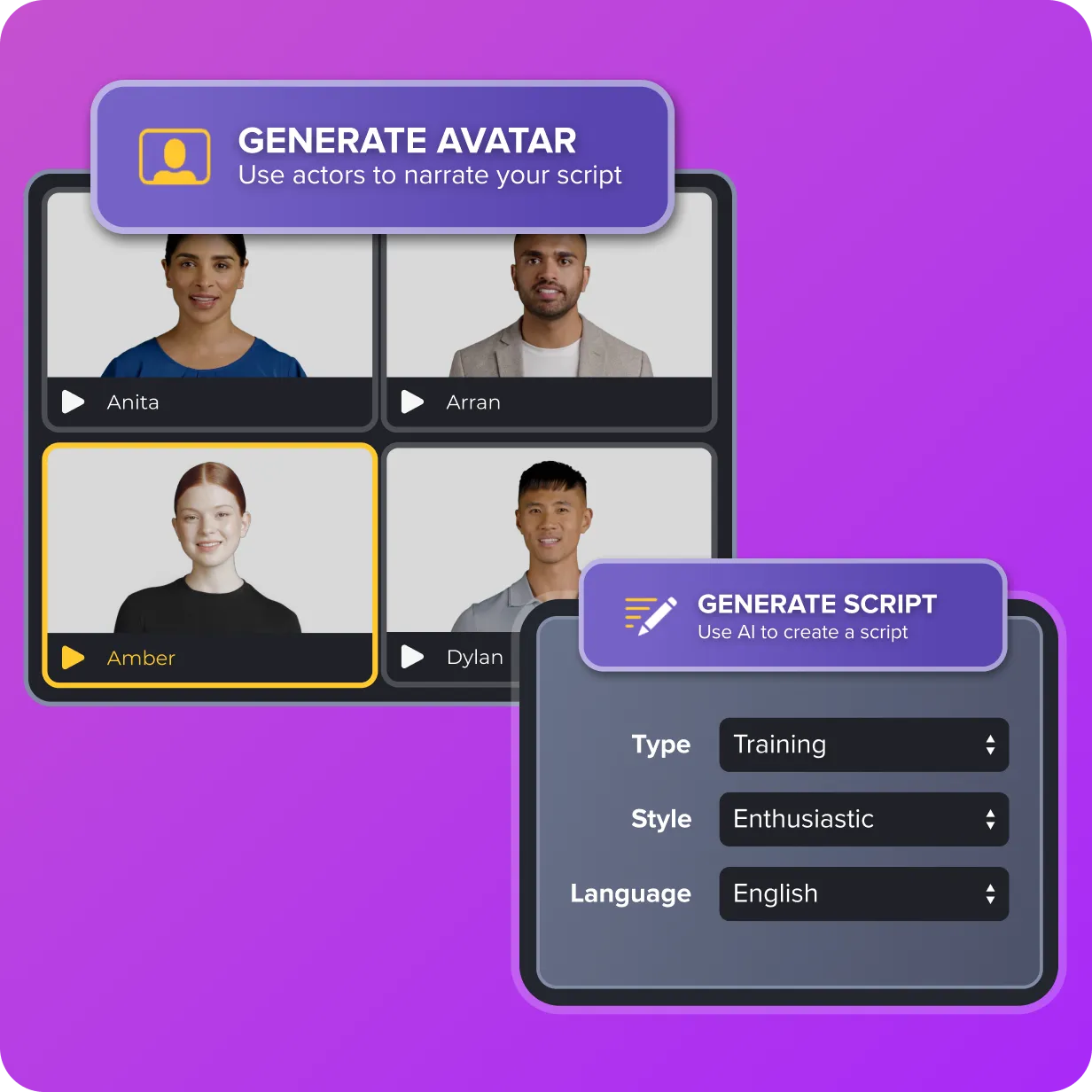 'Generate Avatar' button showing with different options of AI avatars to choose from underneath. 'Generate Script' button with script options underneath including type, style, and language.