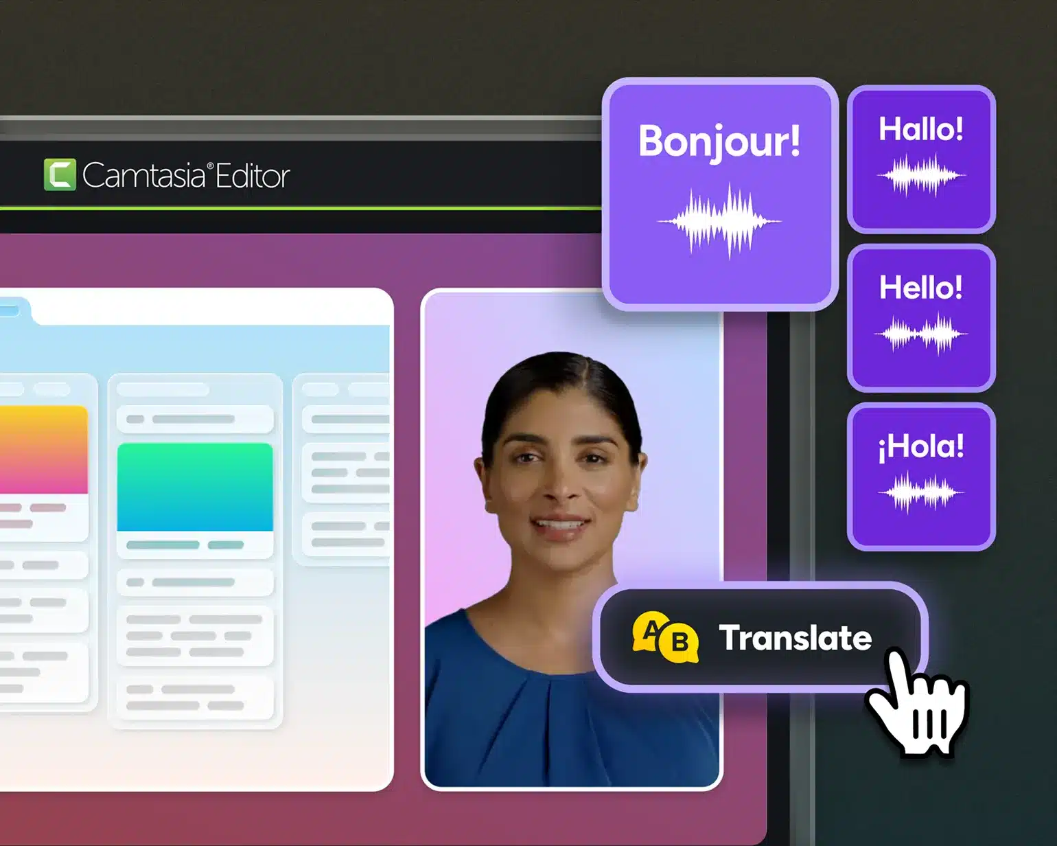 A global-ready training video in the Camtasia Editor, visuals and an AI avatar presenter from Camtasia Audiate. All tools synced seamlessly.