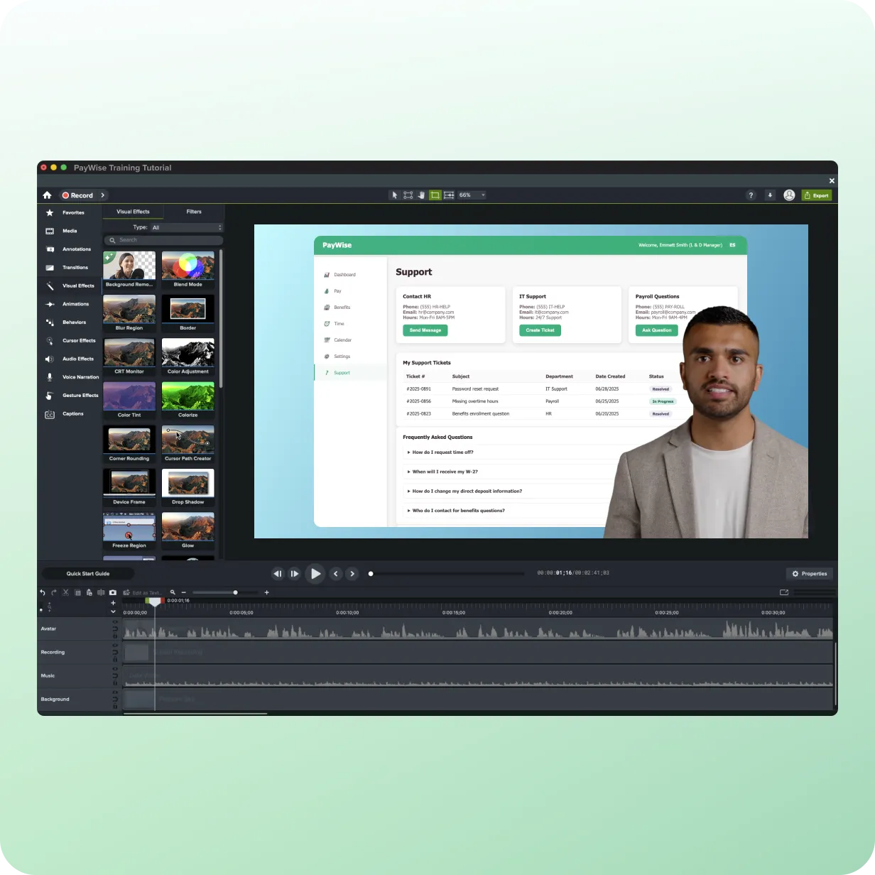 Camtasia Editor interface showing a screen recording with a man explaining a process in the corner of the video.