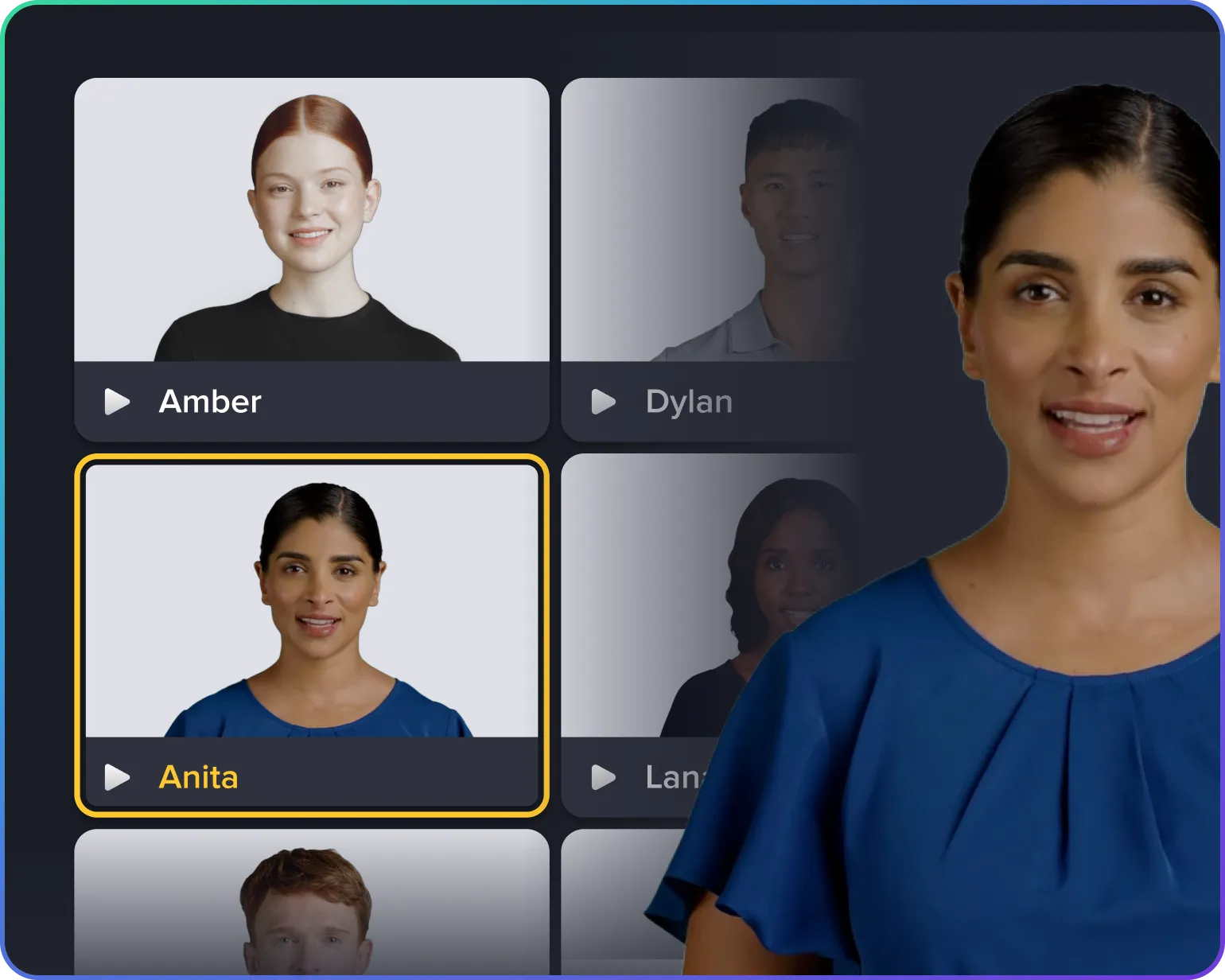 Camtasia Audiate showing selectable AI avatar presenters including “Anita,” demonstrating how users can add an on-screen virtual presenter to their video.