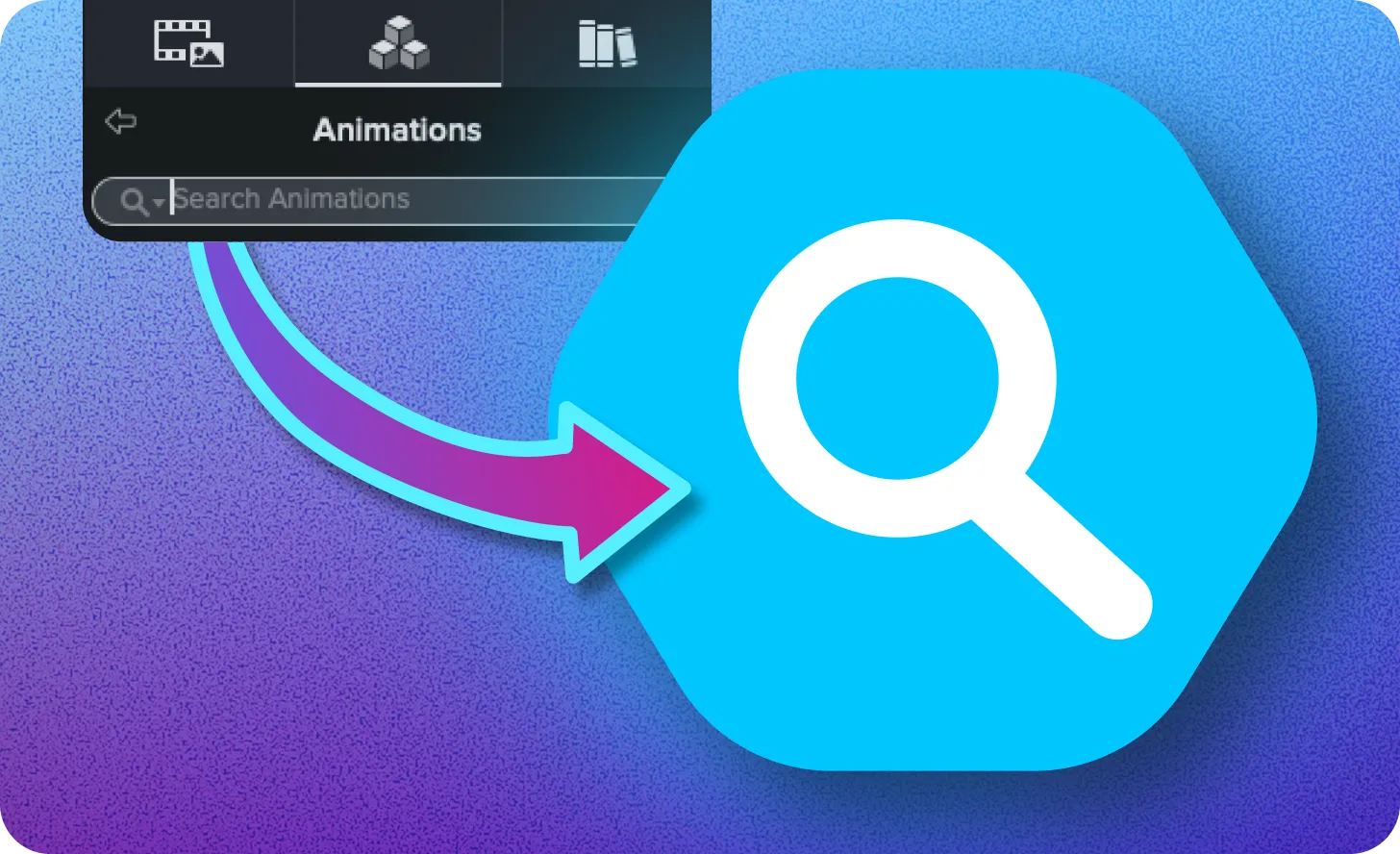 Camtasia Animations panel with a search field highlighted by a colorful arrow pointing toward a large magnifying glass icon.